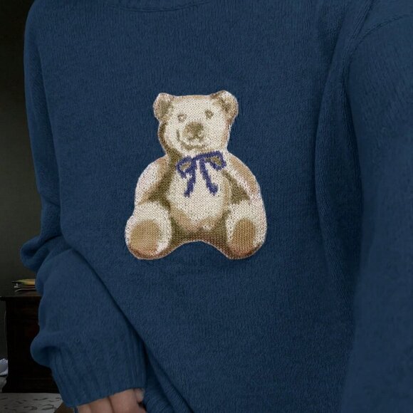 Dark Blue Casual Womens Cute Cartoon Bear Round Neck Long Sleeve Knitted Sweater - Picture 7 of 7